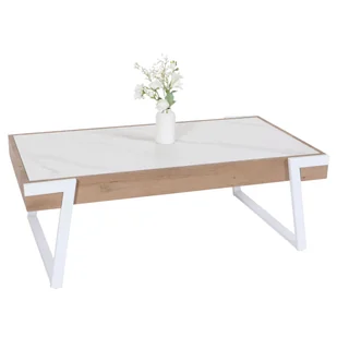 Stolik kawowy HWC-L89, stolik rozkładany do salonu, żelazny 43x120x64cm spiekany kamień o wyglądzie marmuru białe naturalne drewno - Ławy i stoliki kawowe - miniaturka - grafika 1