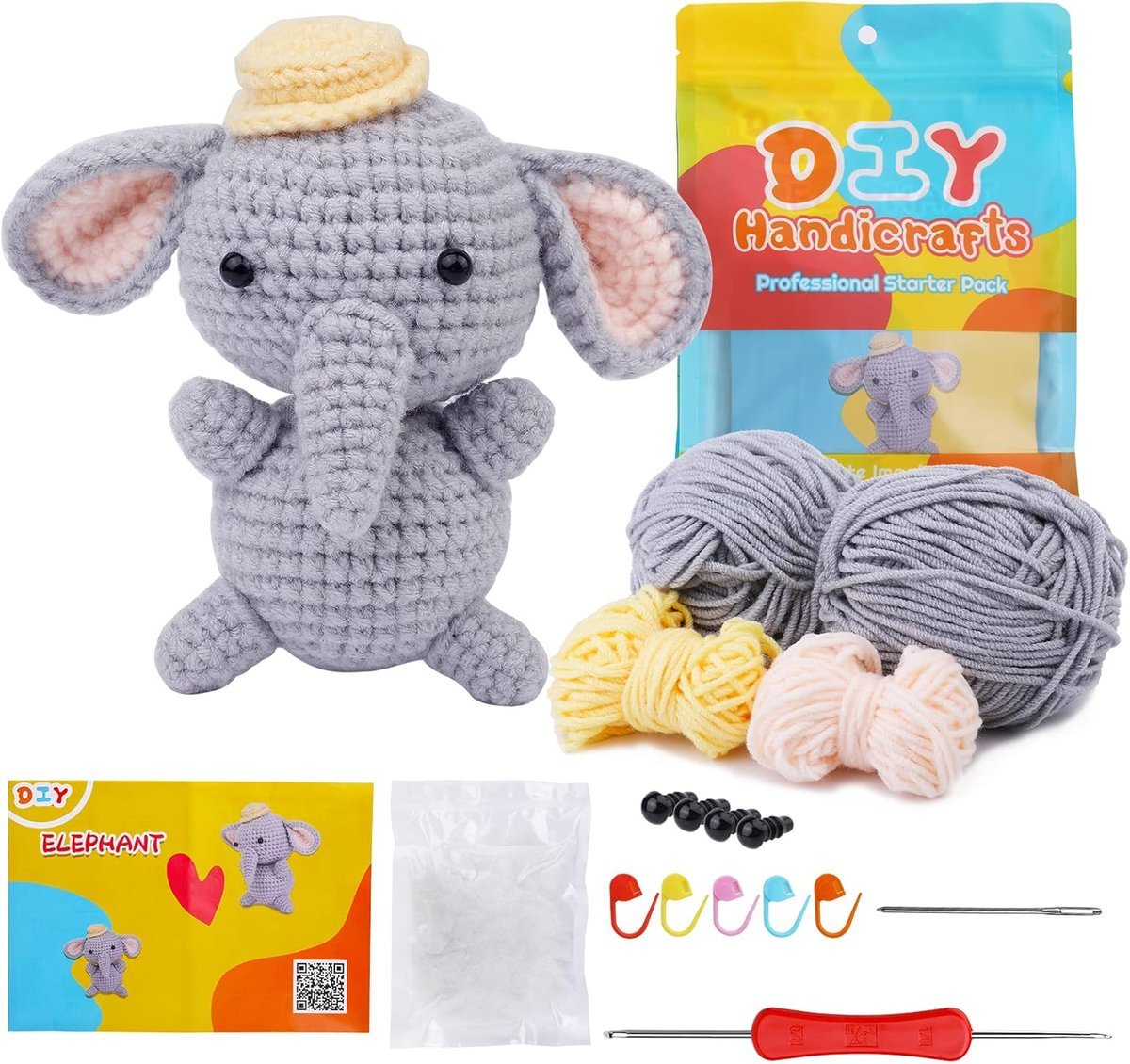 Zestaw do szydełkowania dla początkujących, Zestaw do szydełkowania z szydełkami, włókno poliestrowe, włóczka, instrukcja krok po kroku w formie wideo