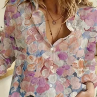 Koszule damskie - TEMU Elegancka Koszula Damska z Nadrukiem Specjalnej Edycji - Koszula z Długim Rękawem Zapinana na Guziki, Kołnierzyk, Średnia Elastyczność i - miniaturka - grafika 1