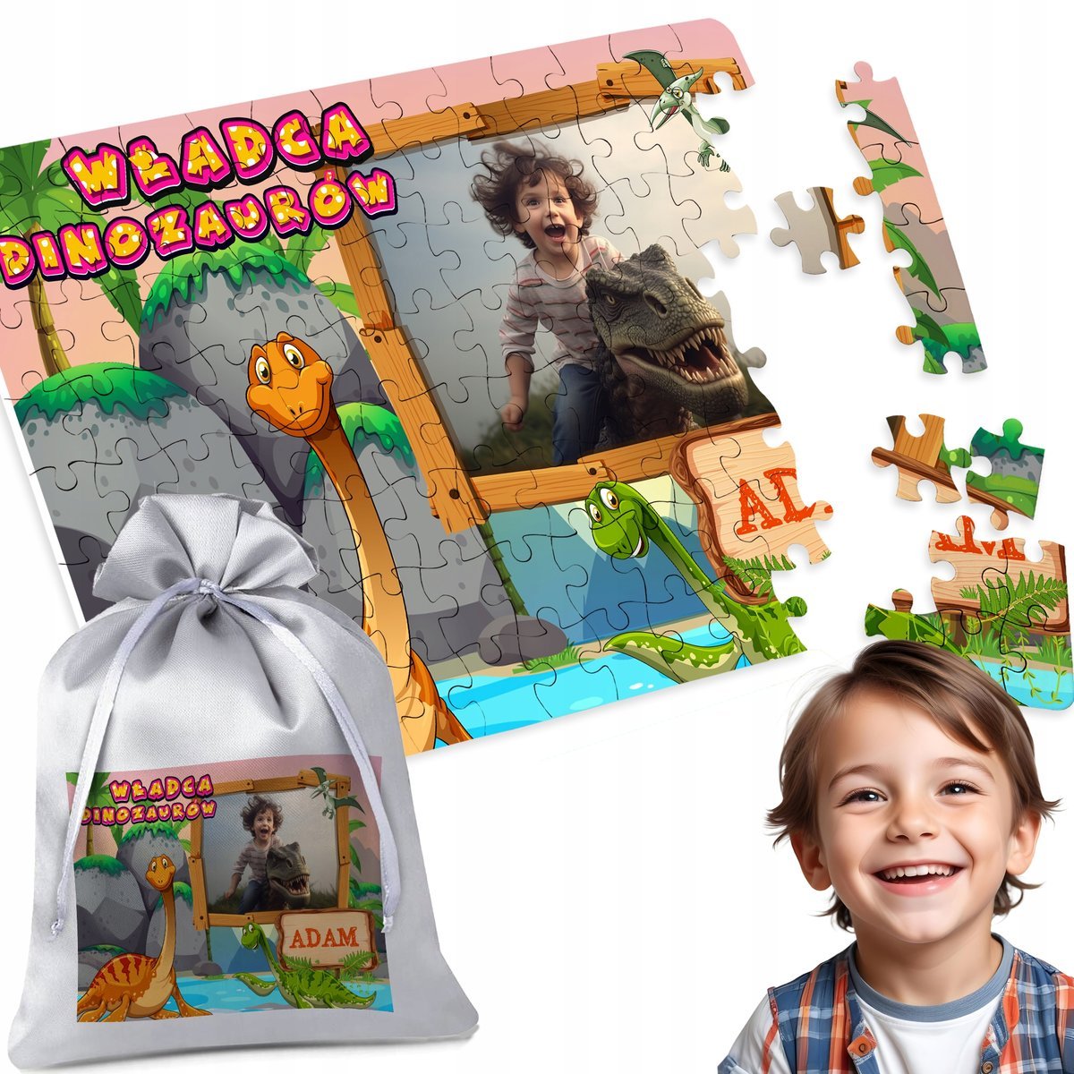 PUZZLE 96 el. TWOJE FOTO DINOZAURY - IDEALNY PREZENT DZIECKA SZKOŁY IMIĘ