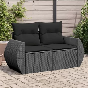 vidaXL Sofa ogrodowa z poduszkami, 2-osobowa, czarna, polirattan - Sofy ogrodowe - miniaturka - grafika 1