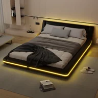 Łóżka - Łóżko tapicerowane Flieks 140x200cm z LED, podwójne łóżko młodzieżowe ze stelażem listwowym, klasyczne łóżko drewniane łóżko pływające łóżko podłogowe, PU, czarne - miniaturka - grafika 1