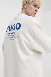 Bluzy męskie - Hugo Blue bluza bawełniana męska kolor beżowy z nadrukiem - grafika 1