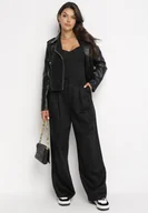 Spodnie damskie - Czarne Szerokie Spodnie z Kieszeniami Zapinane na Haftkę Tuzette - miniaturka - grafika 1