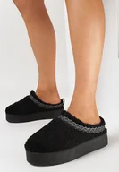 Kapcie damskie - Czarne Wsuwane Kapcie na Platformie z Ozdobnym Haftem Olisia - miniaturka - grafika 1