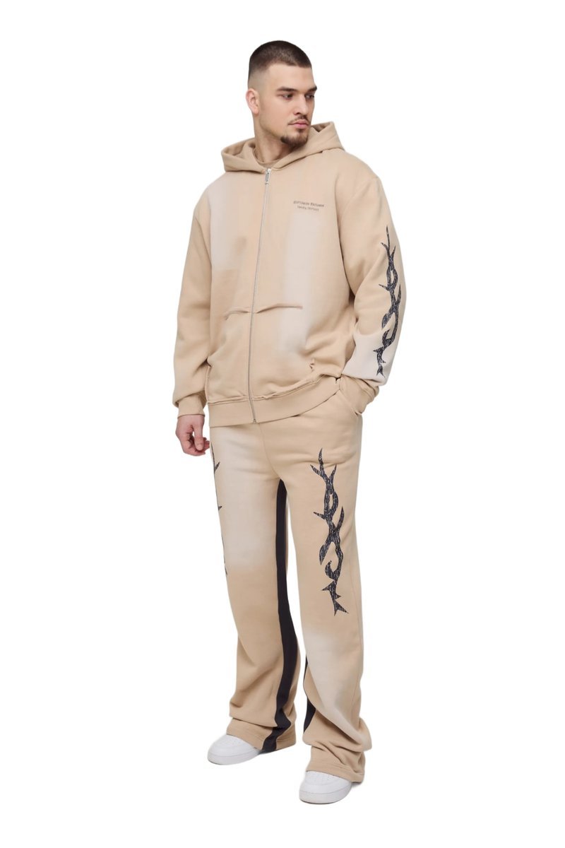 BOOHOOMAN MĘSKI BEŻOWY DRES KOMPLET Z KAPTUREM I NADRUKIEM XL Z3A*