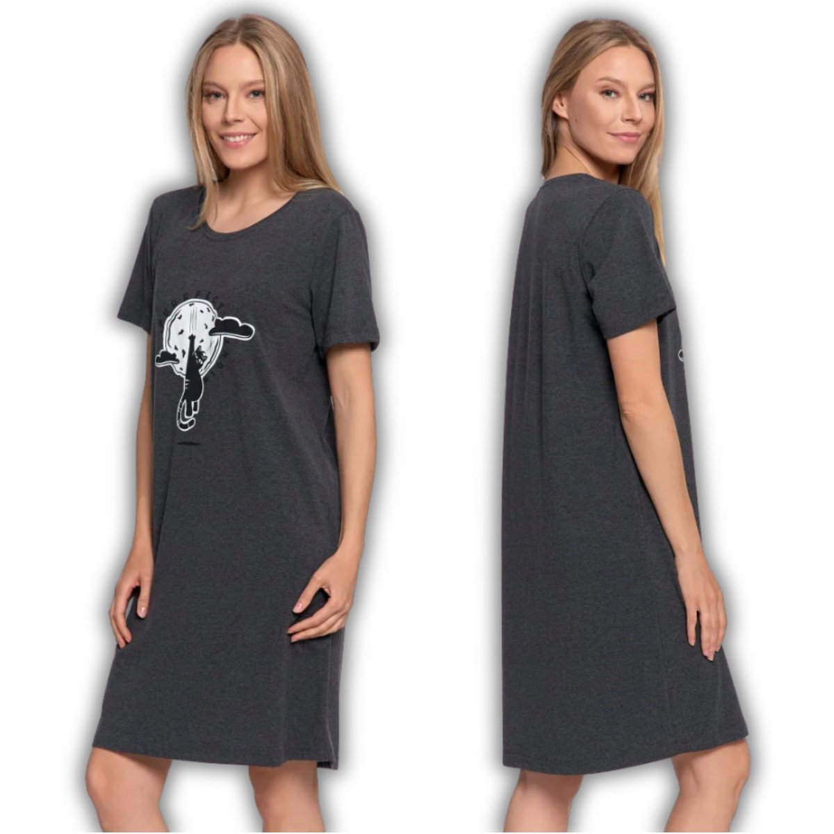 DAMSKA KOSZULA NOCNA LUŹNA Z KRÓTKIM RĘKAWEM Z NADRUKIEM KOTA MORAJ M GREY MELANGE