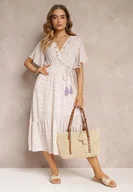 Sukienki - Różowo-Miętowa Sukienka Midi z Falbankami Kopertowym Dekoltem i Gumką w Pasie Denila - Renee - miniaturka - grafika 1