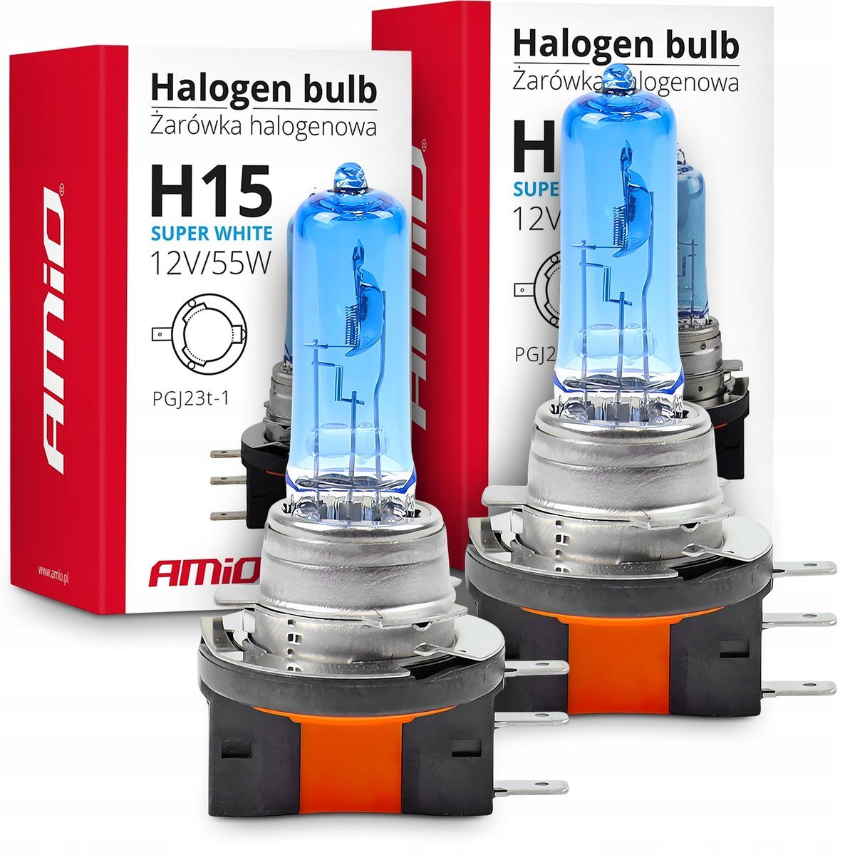 2X Żarówka Halogenowa H15 Amio 12V 55W Super White Białe Światło