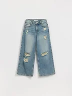 Spodnie i spodenki dla dziewczynek - Reserved - Jeansy super wide leg z przetarciami - indigo jeans - miniaturka - grafika 1