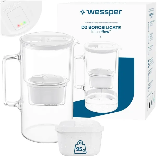 Dzbanek filtrujący szklany Wessper D2 BOROSILICATE FF 3l biały + 2x filtr