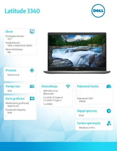 Notebook Latitude 3340 Win11Pro i5-1335U/8GB/256GB SSD/13.3 FHD/Integrated/FgrPr/FHD Cam/Mic/WLAN + BT/Backlit Kb/3 Cell/3YPS - Laptopy - miniaturka - grafika 13