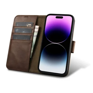 iCarer Oil Wax Wallet Case 2in1 etui iPhone 14 Pro Max skórzany pokrowiec z klapką Anti-RFID brązowy (WMI14220724-BN) - Etui i futerały do telefonów - miniaturka - grafika 1