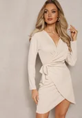 Sukienki - Beżowa Kopertowa Sukienka Mini z Paskiem w Talii Holoch - miniaturka - grafika 1