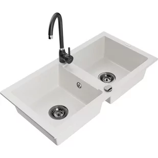 Mexen Mario zlewozmywak granitowy 2-komorowy z baterią kuchenną Telma, biały - Zlewozmywaki z baterią - miniaturka - grafika 1