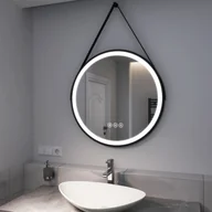 Lustra - EMKE Lustro łazienkowe LED okrągłe o średnicy 70 cm Lustro łazienkowe LED z oświetleniem 3 barwy światła 3000-6500K chłodna biel neutralna ciepła biel ściemnialne podświetlane lustro z powłoką przeciwmgielną i przełącznikiem dotykowym IP44 energooszczędne (czarny design) - miniaturka - grafika 1