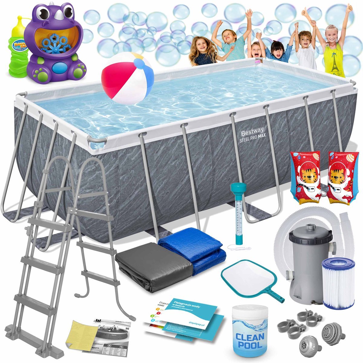 Basen Stelażowy Ogrodowy Prostokątny 412x201x122cm BESTWAY Zestaw 18w1