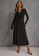 Sukienki - Czarna Taliowana Sukienka Longsleeve z Wiskozą z Marszczeniem i Dekoltem V Elirie - miniaturka - grafika 1