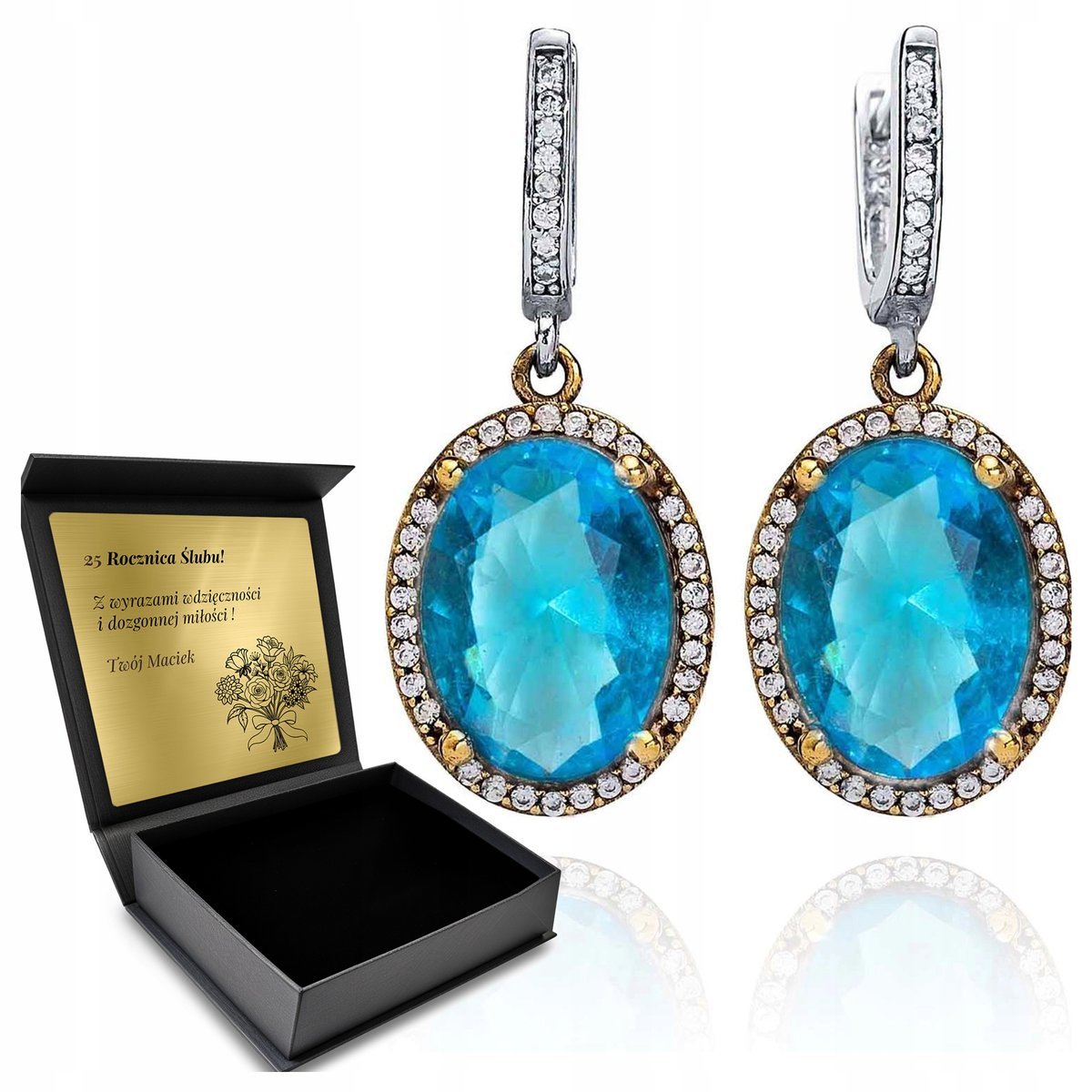 Kolczyki Srebrne 925 Z Cyrkoniami I Błękitnym Topazem Dla Kobiety + Grawer