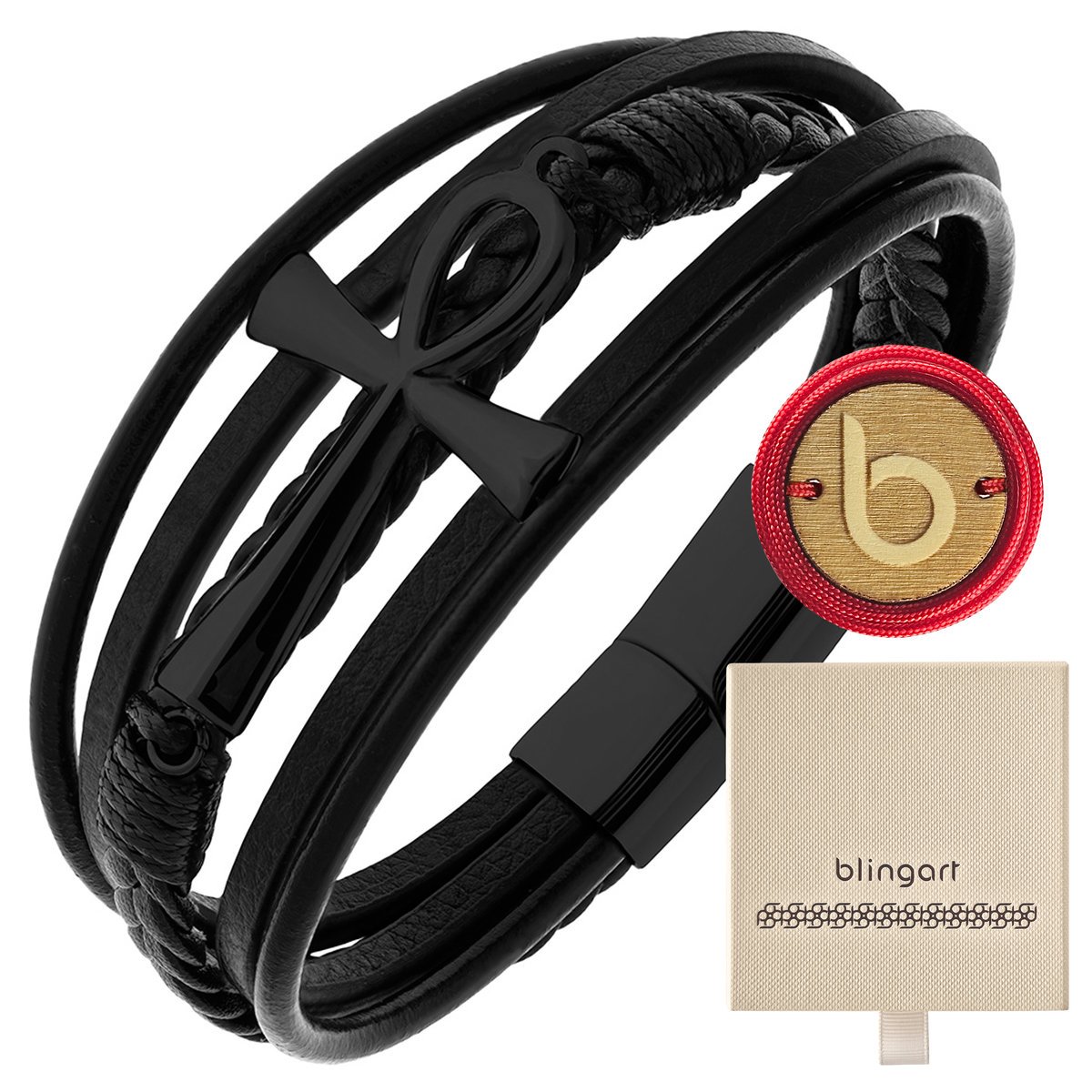 Bransoletka męska SKÓRZANA pleciona KRZYŻ EGIPSKI