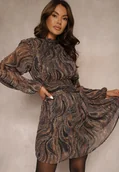 Sukienki - Czarno-Beżowa Taliowana Sukienka o Rozkloszowanym Kroju z Prześwitującymi Rękawami i Stójką Relabia - miniaturka - grafika 1