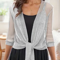 Swetry damskie - TEMU Elegancka Bluzka Damska z Dekoltem w Serek, Wiązaniem z Przodu, Krótka, Wysoka Elastyczność, Srebrne Metalizowane Włókna, Siatkowa Tkanina, - miniaturka - grafika 1