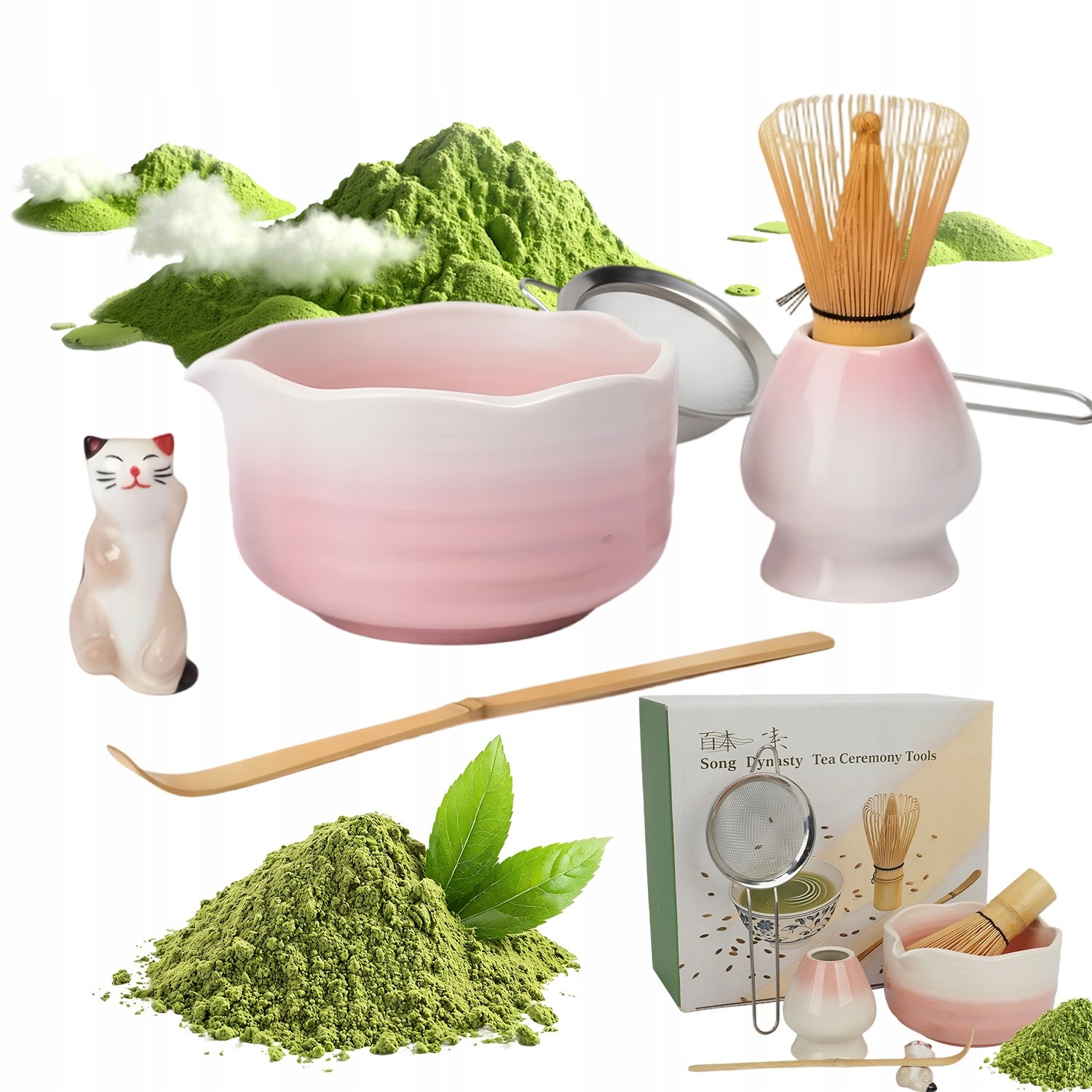 Zestaw Do Parzenia Herbaty Matchy 6 El. Z Kocim Uchwytem Na Łyżeczkę Różowy