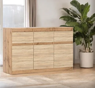 Komoda Nowoczesna 3 Szuflady 120cm Oleksa Nowoczesna Dąb Wotan Biały Połysk - Komody - miniaturka - grafika 1