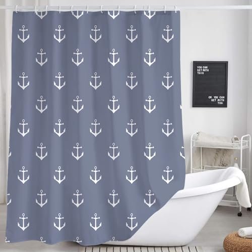 DYNH Zasłona prysznicowa do łazienki, motyw morski z kotwicą, niebiesko-biały, motyw oceanu, mężczyźni, chłopcy, dzieci, akcesoria dekoracyjne, haczyki w zestawie