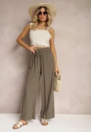 Spodnie damskie - Ciemnozielone Spodnie z Bawełny High Waist z Szerokimi Nogawkami i Gumką w Pasie Clisea - miniaturka - grafika 1