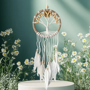 Łapacz Snów Drzewko Szczęścia Boho Rękodzieło Dekoracja z Piórami 17 cm - Wyposażenie pokoiku dziecięcego - miniaturka - grafika 1
