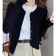 Swetry damskie - TEMU Elegancki Kardigan Damski - Miękki Beżowy Sweter z Okrągłym Dekoltem, Zapinany na Guziki z Kołnierzem i Złotymi Guzikami, Lekka Kurtka - miniaturka - grafika 1