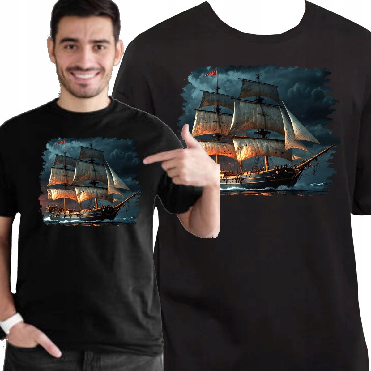 KOSZULKA MĘSKA DLA ŻEGLARZA Z NADRUKIEM STATEK JACHT ŻAGIEL S 3405 CZARNA