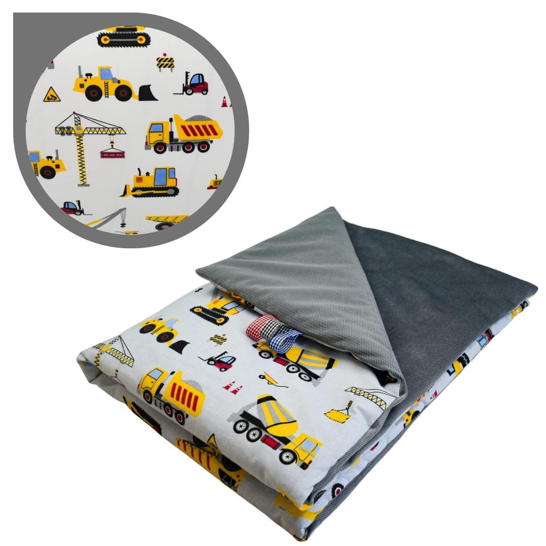 Kocyk Dziecięcy 75x100 Letni Koparki Żółte Na Białym/Grafit Bawełna/Velvet Polski Producent