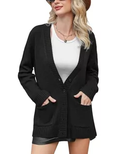 Swetry damskie - Irevial Damski kardigan z długim rękawem, elegancki płaszcz z dzianiny, z zapięciem na guziki i kieszeniami, S-XXL, 1-czarny, L - grafika 1