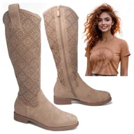 Botki damskie - Damskie Kowbojki Ażurowe Kozaki Zamszowe Jesienne Eleganckie Beż Barski 39 - miniaturka - grafika 1