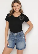Koszulki i topy damskie - Czarny T-shirt z Bawełny z Cyrkoniowym Wzorem Uliavira - miniaturka - grafika 1