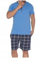 Piżamy damskie - Piżama męska lato - niebieska koszulka z guzikami, szorty w kratkę M - miniaturka - grafika 1