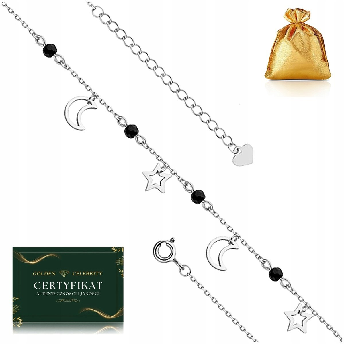 Srebrna Bransoletka Na Nogę, Srebro Pr. 925 Regulowana, Gwiazdki + Koraliki