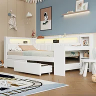 Sofy i kanapy - Tapicerowana rozkładana sofa 90x200 cm - z portami USB i LED - z biurkiem i 2 szufladami - biała (bez materaca) - miniaturka - grafika 1