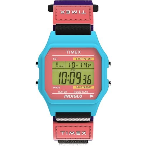 Timex Main Street zegarek uniseks 36 mm – fioletowy pasek nylonowy, tarcza cyfrowa, koperta w kolorze niebieskim, TW2W72400