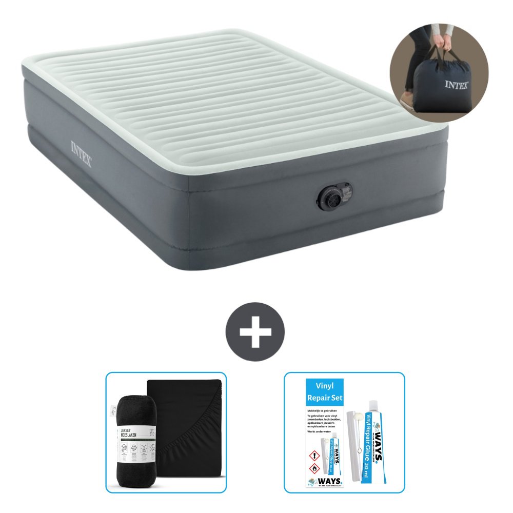 Intex Airbed - Podwójne łóżko - 137 x 191 x 46 cm - Szare - W zestawie pompka - prześcieradło i zestaw naprawczy