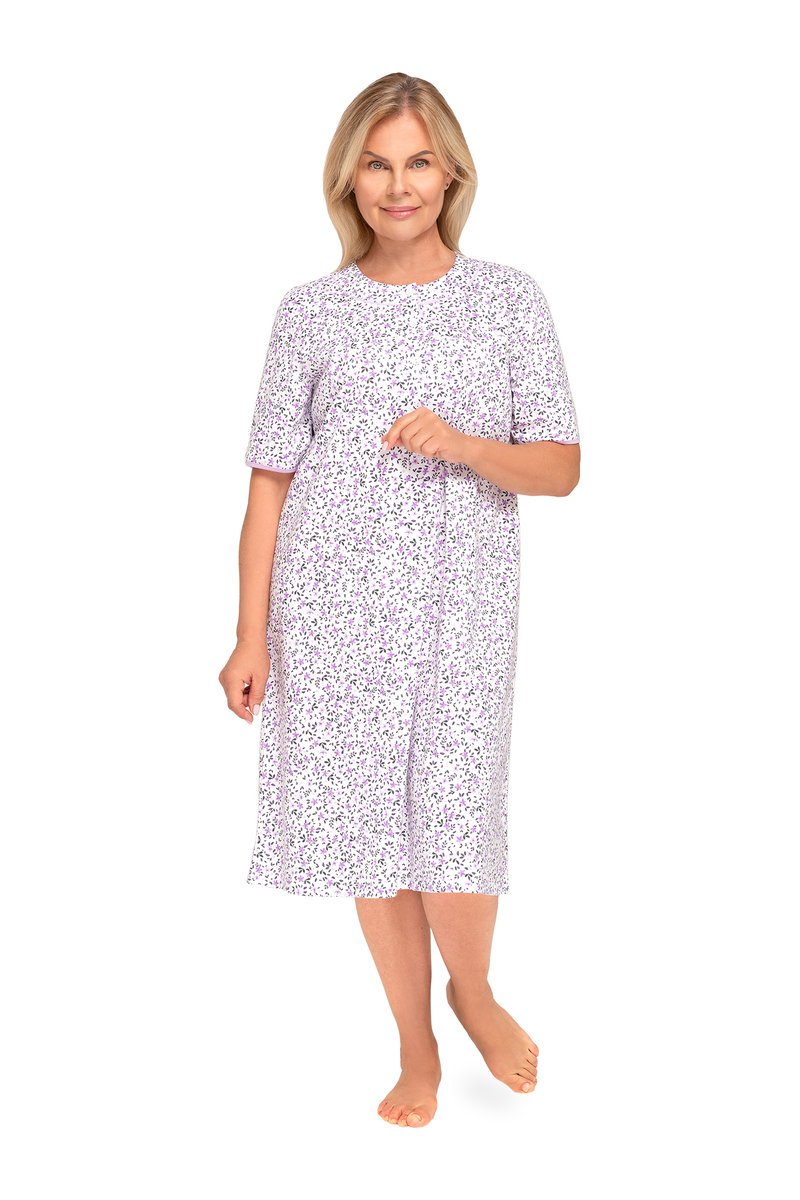 KOSZULA NOCNA DAMSKA L KRÓTKI RĘKAW BAWEŁNIANA FIOLETOWA ROZPINANA LUŹNA