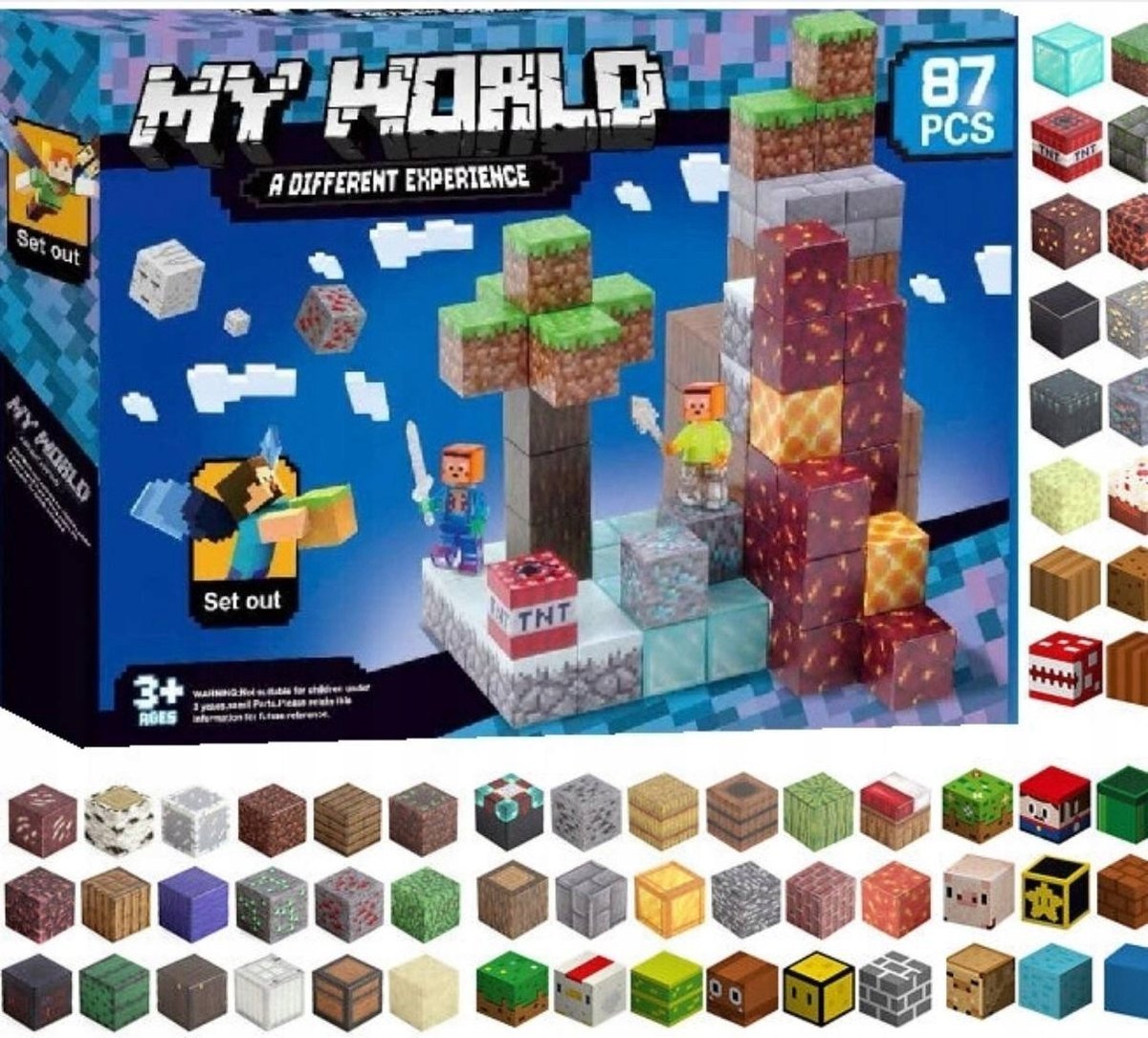 KLOCKI MAGNETYCZNE MINECRAFT 87 ELEMENTÓW W TYM 2 FIGURKI