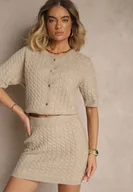 Spódnice - Beżowa Spódnica Sweterkowa z Wełną High Waist Selzeki - miniaturka - grafika 1