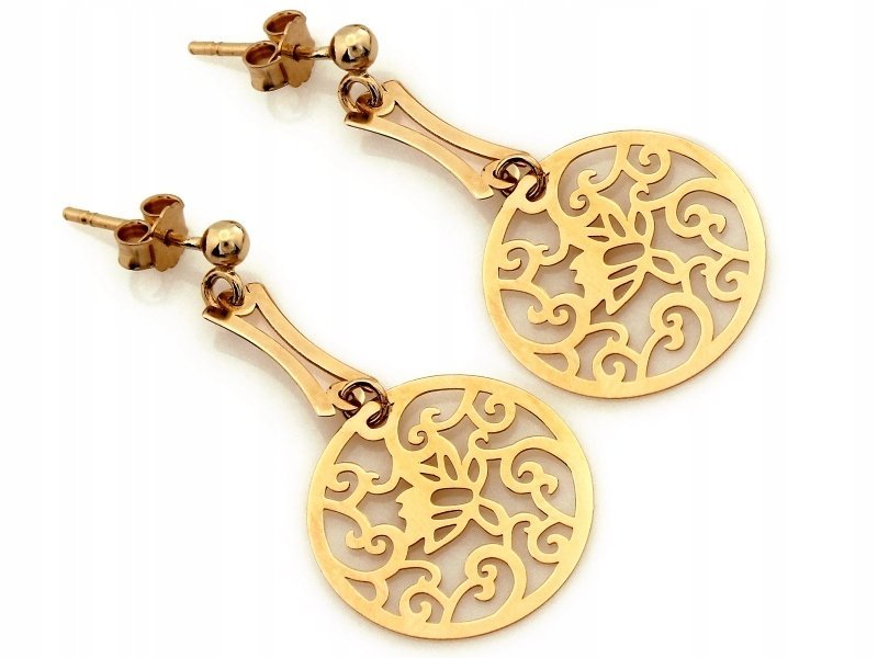 Wiszące złote kolczyki 585 okrągłe ozdobione ażurowym wzorem na sztyft 14k