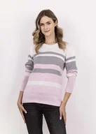 Swetry damskie - Sweter w paski z ciekawym dekoltem - SWE343 róż/ecru/szary MKM - miniaturka - grafika 1