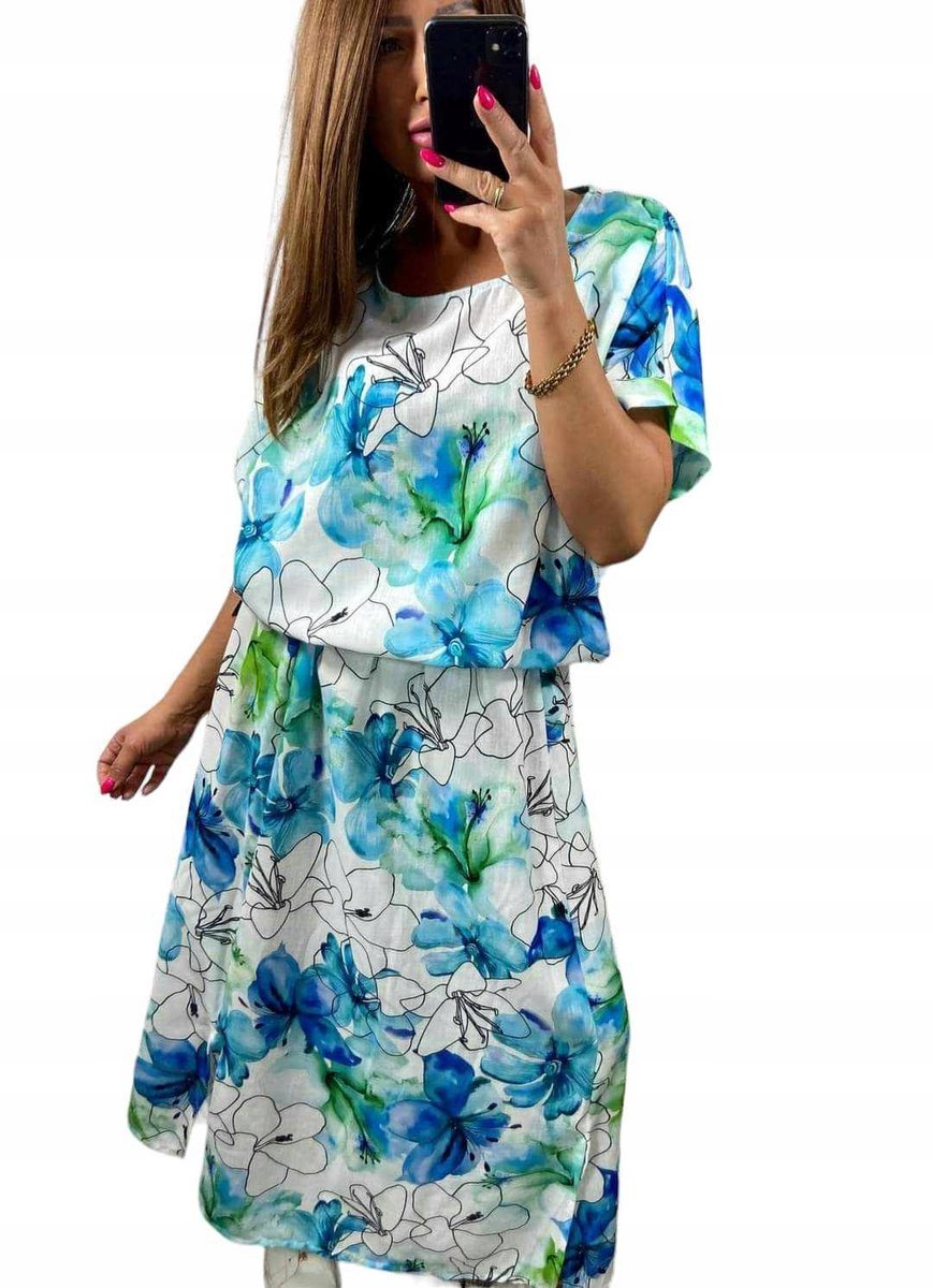 Komplet w Kwiaty Błękitny Uroczy Spódnica bluzka kapitalny 50 52 4xl 5xl