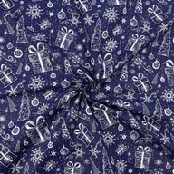 Pasmanteria - Tkanina bawełniana wzór świąteczny kontury choinki z prezentami na granatowym tle - miniaturka - grafika 1