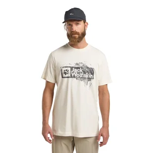 Męska koszulka z krótkim rękawem Jack Wolfskin BRAND T M WOOD Cotton white - S - Koszulki męskie - miniaturka - grafika 1